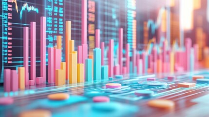 Poster - A vibrant digital display of graphs and charts, showcasing data analysis with colorful bars and metrics in a modern financial context.