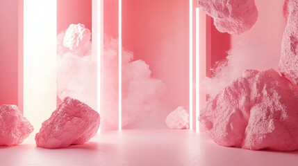 Poster - Dreamy Pink Studio with Floating Rocks and Neon Lights Creating a Surreal and Ethereal Vibe