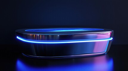 Poster - Futuristic Metal Container with Blue Neon Lights on Dark Background for Product Display