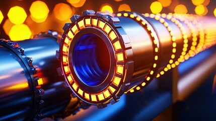 Poster - Futuristic Glowing Rings on Metallic Pipe Abstract Technology Concept with Bokeh Background
