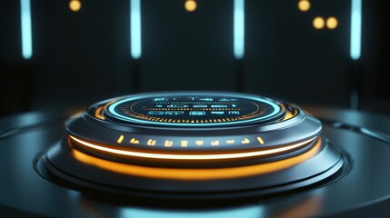 Poster - Futuristic Platform with Glowing Lights and Digital Interface for Technology Presentation