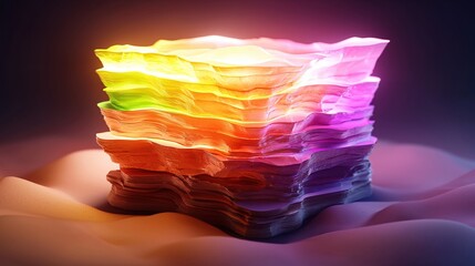 Poster - Vibrant Stacked Papers Illuminated with Rainbow Colors on a Smooth Gradient Surface