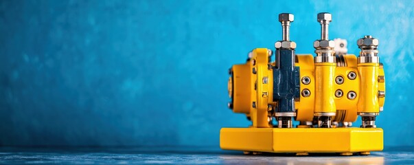 Poster - Bright Yellow Industrial Hydraulic Pump on Blue Background Shows Precision Engineering Design
