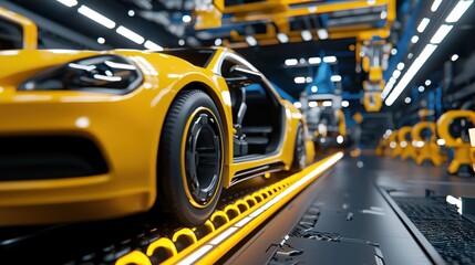 Poster - Sleek yellow car on production line showcasing modern automotive manufacturing and futuristic design