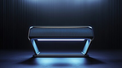 Poster - Futuristic Illuminated Display Stand in Dark Room with Modern Design and Glowing Blue Lights