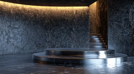 Poster - Elegant Interior with Silver Podium and Stairs in a Modern Minimalist Design Studio Space