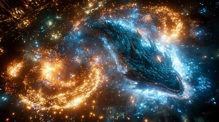 Wall Mural - Abstract dragon head design in space, glowing particles of orange and blue swirling around a dark background