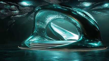 Poster - Futuristic teal sculpture with metallic sheen and intricate mesh design in a modern space