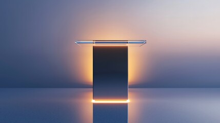 Poster - Minimalist luminous structure with glass top casting soft orange light on a gradient background