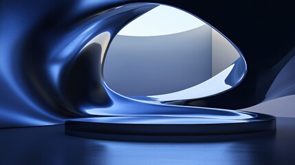 Poster - Elegant blue abstract sculpture with smooth curves and reflections in a modern interior space