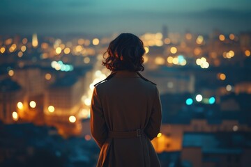 a woman stands alone, gazing at a city's twinkling lights at night, feeling a sense of solitude and 