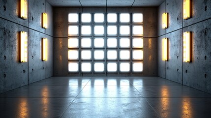 Poster - Concrete room with glowing lights and wall of bright screens creating a futuristic ambiance