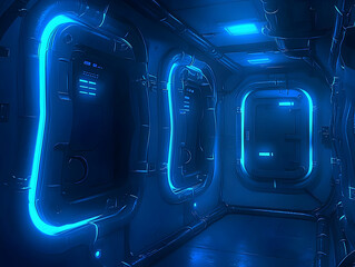 Poster - Futuristic spaceship corridor, glowing blue lights