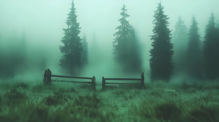 Wall Mural - Misty Green Forest Illustration:  Wooden Fence in Fog