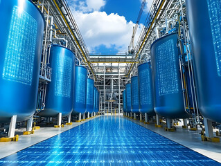 Poster - Industrial plant digital tanks, process control, sunny day, data floor