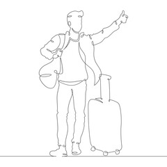 Poster - continuous one line drawing young man hitchhiking on the road. hitchhiking. man with luggage.one con