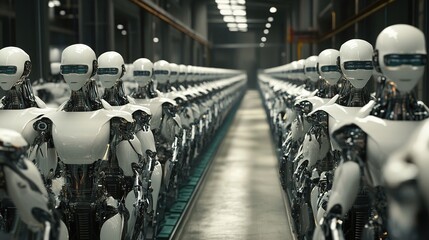 Poster - a factory floor full of synchronized robots performing various production tasks.