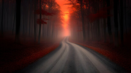 Wall Mural - Misty Forest Road at Sunset - Digital Illustration