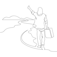 Poster - continuous one line drawing young man hitchhiking on the road. hitchhiking. man with luggage.one con