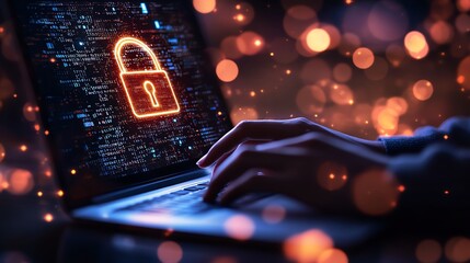 Fototapete - AIpowered cybersecurity concept with hands typing on a laptop, digital lock hologram, and a bokeh lights background, symbolizing secure data and encryption technology