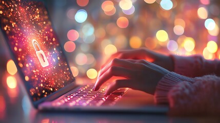 Poster - AIpowered cybersecurity concept with hands typing on a laptop, digital lock hologram, and a bokeh lights background, symbolizing secure data and encryption technology