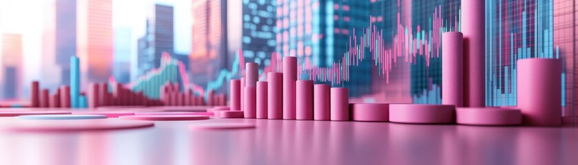 Poster - A vibrant, abstract representation of financial data with pink and blue charts, highlighting trends and statistics in a modern urban landscape.