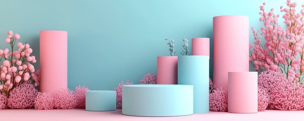 Poster - A pastel-themed scene featuring cylindrical shapes and floral elements in pink and blue hues, creating a soft, modern aesthetic.