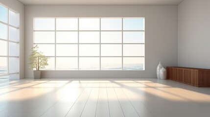 Poster - Spacious Modern Empty Interior with Large Windows Overlooking a Calm Seascape and Minimalist Décor