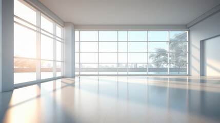 Poster - Bright Modern Empty Interior Space with Large Windows by Daylight Showcasing Minimalist Design and Serene Atmosphere in Urban Environment