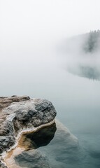 Poster - Serene hot spring with rising steam and rocky edges creating a tranquil atmosphere in a natural setting. Generative AI