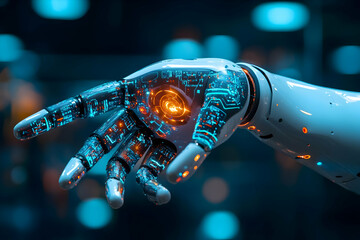 Poster - Robotic hand, futuristic factory, glowing circuits, innovation