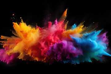 Poster - Vibrant Explosion of Colored Powder Against Black Background Captivates the Eye with Dynamic Energy and Joyful Essence for Creative Projects