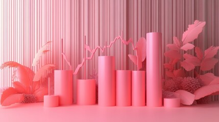 Poster - A minimalistic display of pink cylindrical shapes set against a textured background, complemented by pink foliage for a modern aesthetic.