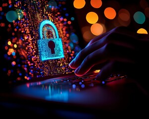 Aufkleber - Hands typing on a laptop keyboard with a glowing digital lock hologram, symbolizing cybersecurity, on a bokeh lights background, representing data protection and secure technology