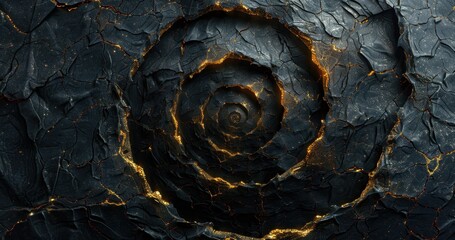 Poster - Abstract spiraling black and gold cracked surface with glowing lines