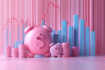 Poster - A vibrant, modern depiction of piggy banks and coins, set against a backdrop of colorful bar graphs, symbolizing finance and investment growth.