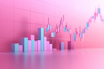 A modern, stylized financial chart with pink hues, showcasing upward trends and bar graphs, representing growth and data analysis.