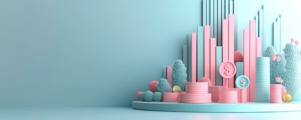 Poster - A vibrant display of pastel cylindrical shapes and geometric forms in pink and turquoise against a soft background, evoking a playful and modern aesthetic.
