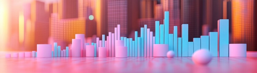 Poster - A vibrant 3D visualization of bar graphs in blue and pink against a blurred city skyline, symbolizing data analysis and growth.