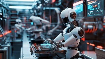 Poster - Industrial robots assembling products on a factory line with precision.