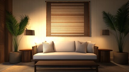 Wall Mural - Modern living room with a cozy sofa, decorative pillows, and plants, illuminated by warm light