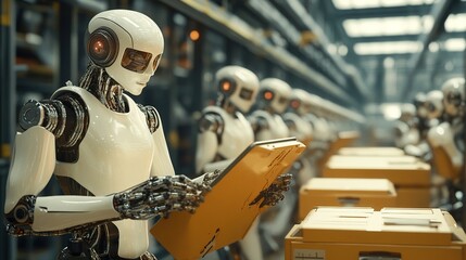 Poster - robots and human workers collaborating in a modern factory setting.