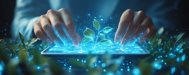 Aufkleber - Corporate professional using a digital tablet with floating ESG holograms