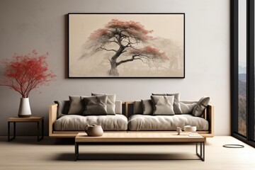 Poster - serene japanese style home interior with minimalist decor and nature-inspired art for tranquil livin