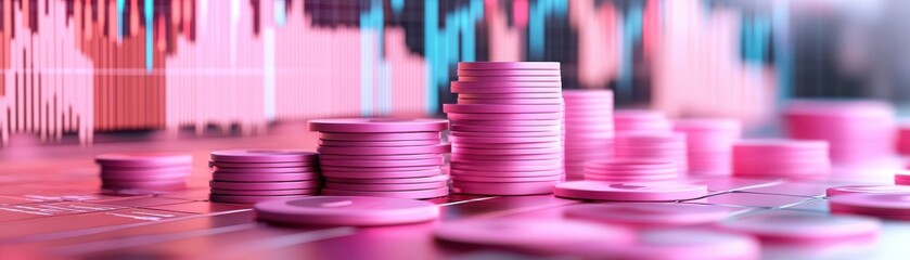 Poster - A vibrant image of pink coins stacked, set against a backdrop of financial charts, symbolizing investment and economic growth.