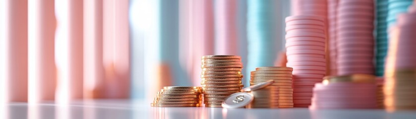 Poster - A close-up view of stacks of coins and colorful tokens, showcasing financial elements with a blurred background for a modern aesthetic.