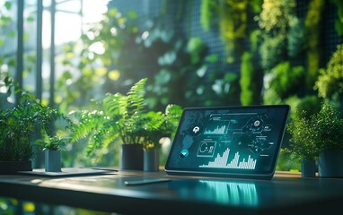 Poster - Modern office desk with a futuristic tablet projecting ESG icons in holographic style