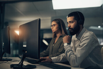 Poster - Night, man and woman in call center with computer, coworking space and teamwork at help desk. Virtual assistant, consultant or customer service agent with headset, online support or advice in office