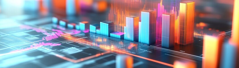 Poster - A vibrant digital graph showcasing various data points with colorful bars and lines, representing analytics and financial trends.