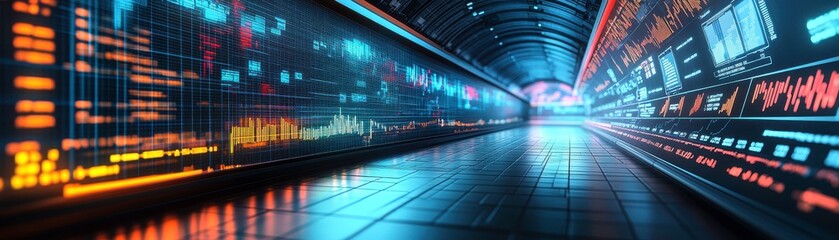 Poster - A futuristic corridor with vibrant neon lights, data displays, and a glowing atmosphere, creating a high-tech, digital environment.